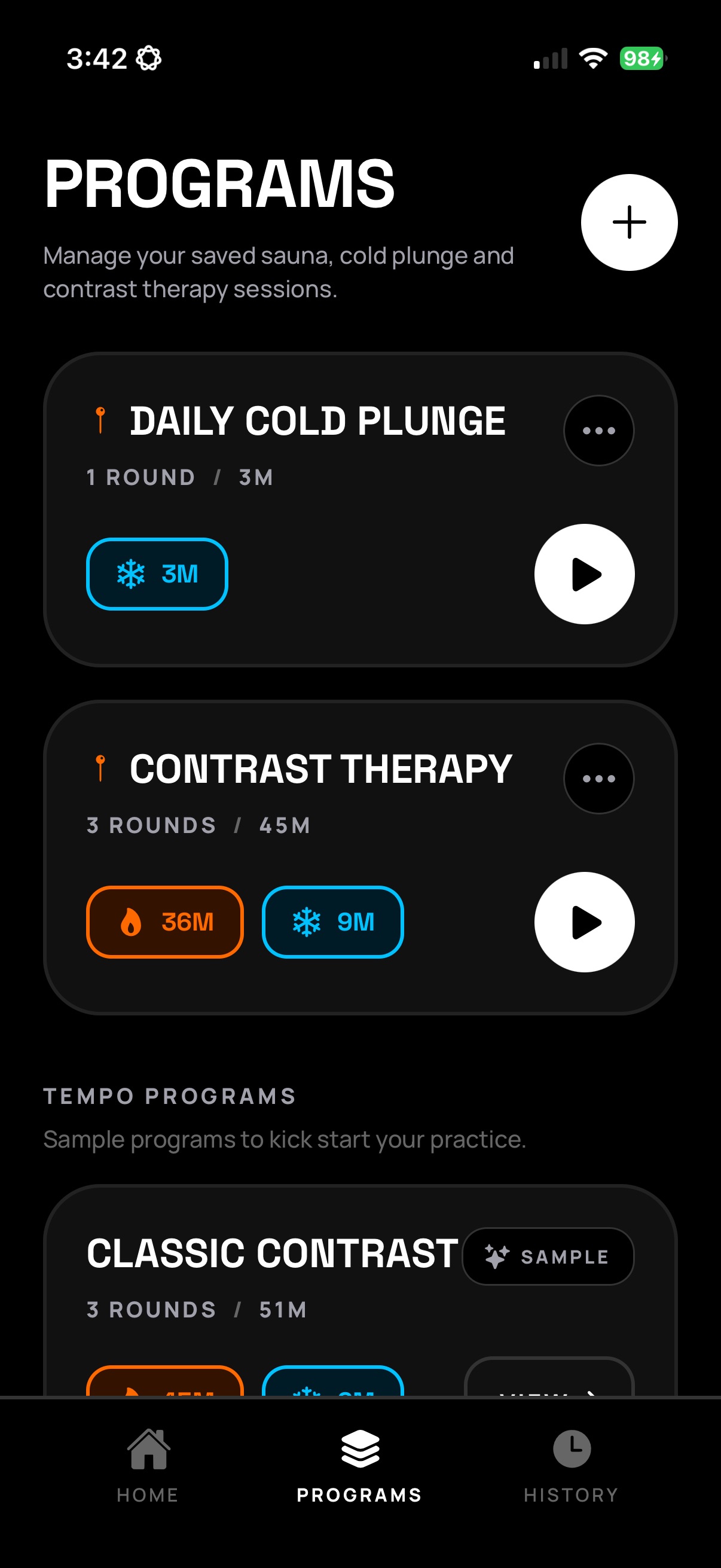 The Tempo programs screen listing saved cold plunge and contrast therapy routines